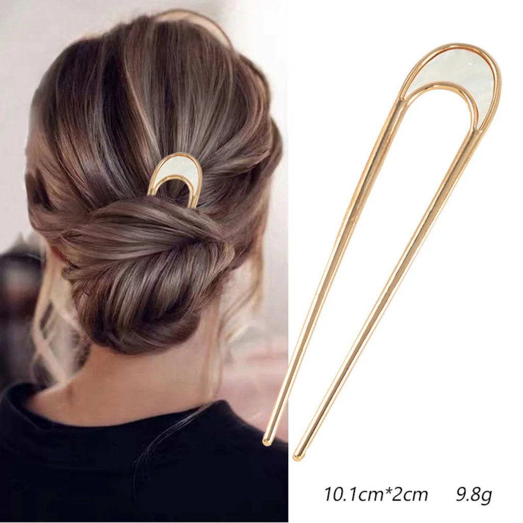 Metal U Shape Hair Stick For Women Silver Gold Color Elegant Shell Enamel Hairpin