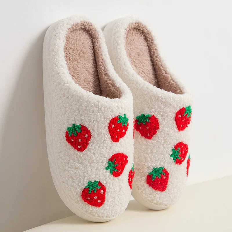 Strawberry Women's Slippers House Flat Winter Designer Woman Shoes Couple Indoor Fluffy Slides Non-Slip Floor Soft Sole Big Size