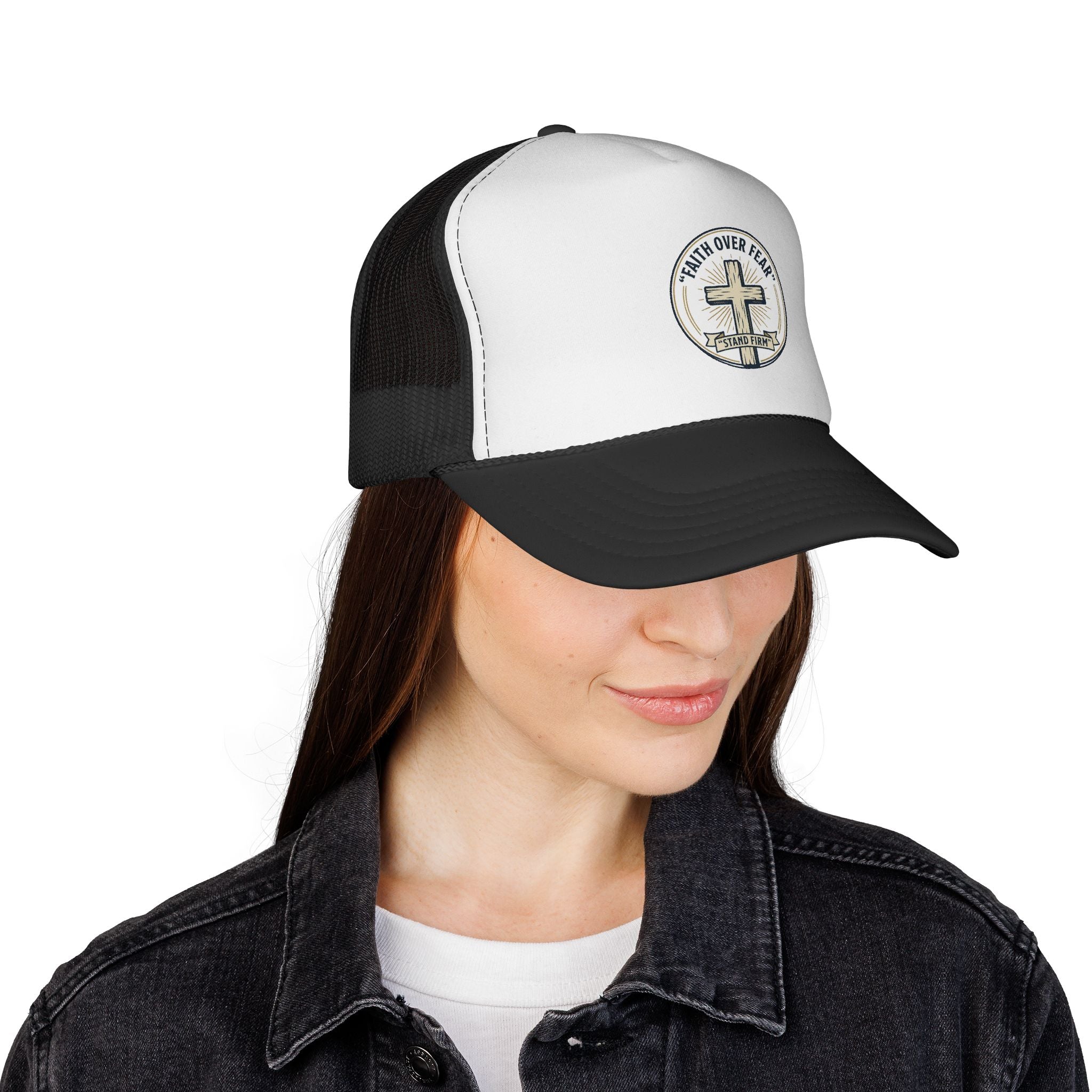 Faith Over Fear Trucker Cap — Christian Cross Mesh Hat