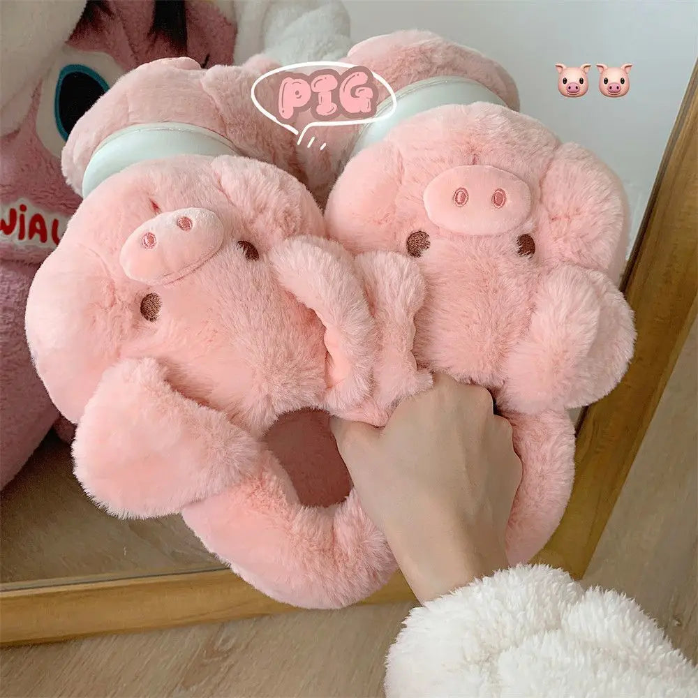 Feerldi Pink fluffy pig slippers women slip on animal slides indoor house furry cotton shoes warm 2024 new girls piggy shoes