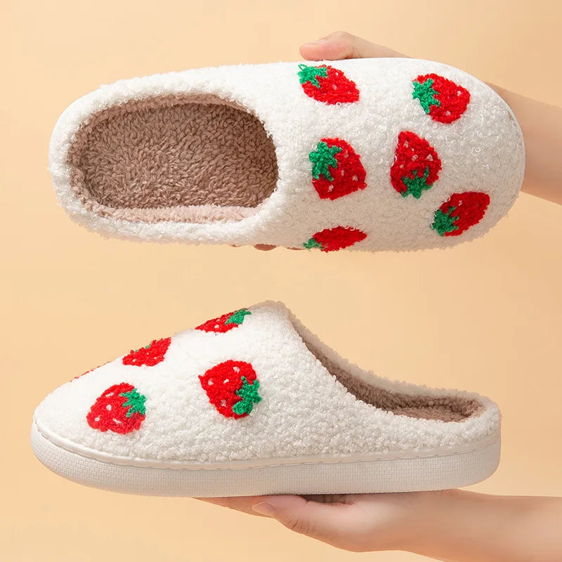 Strawberry Women's Slippers House Flat Winter Designer Woman Shoes Couple Indoor Fluffy Slides Non-Slip Floor Soft Sole Big Size