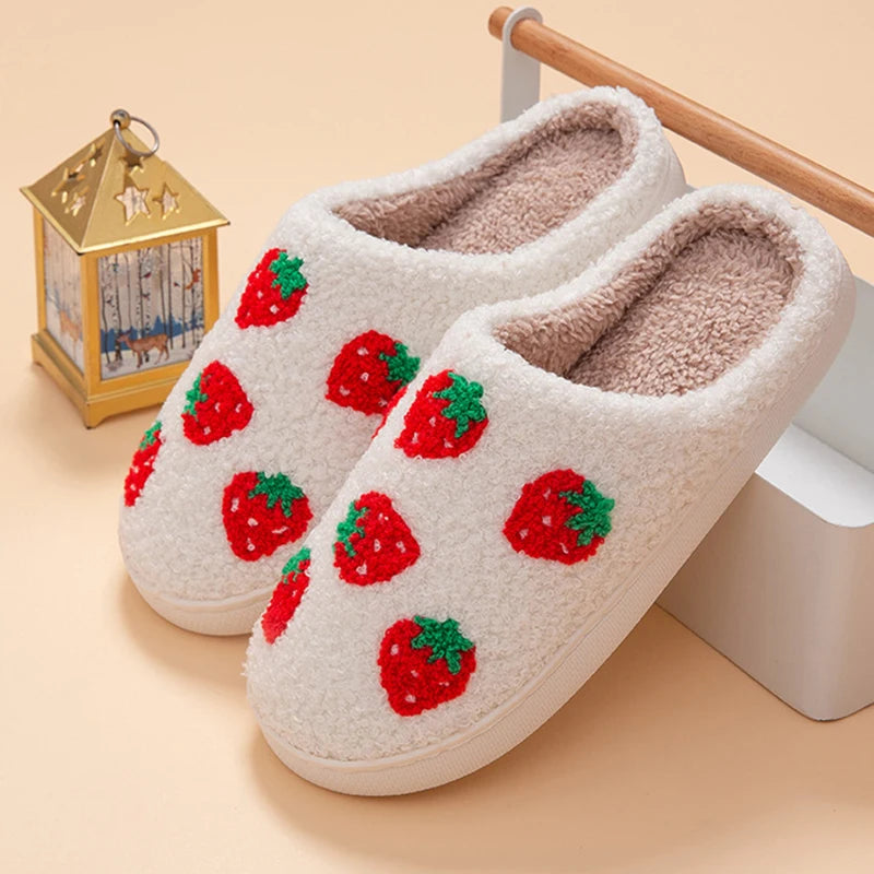 Strawberry Women's Slippers House Flat Winter Designer Woman Shoes Couple Indoor Fluffy Slides Non-Slip Floor Soft Sole Big Size