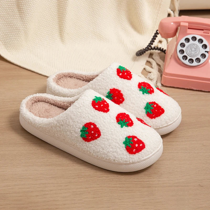 Strawberry Women's Slippers House Flat Winter Designer Woman Shoes Couple Indoor Fluffy Slides Non-Slip Floor Soft Sole Big Size