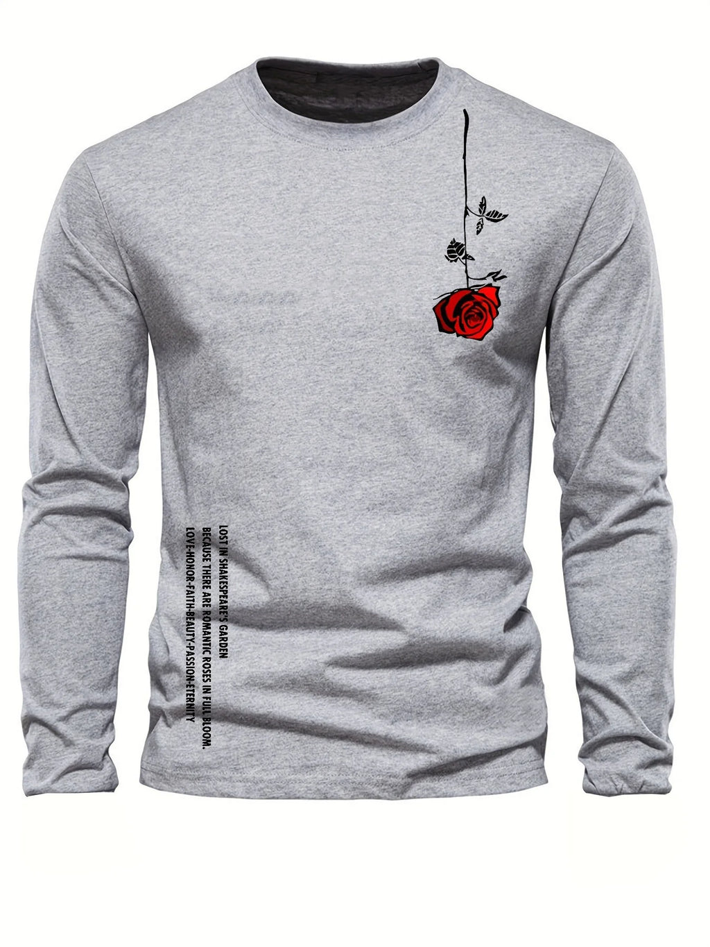 100% pure cotton men's long sleeved round neck loose casual rose letter printed spring and autumn versatile T-shirt top