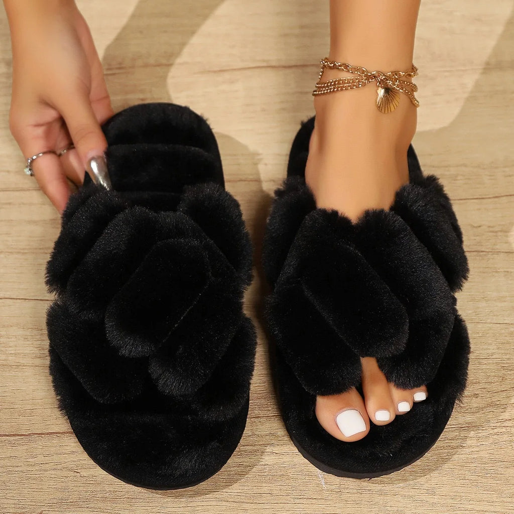 Women's Fluffy Cross Strap Fur Slippers Lightweight Soft Warm Plush House Slippers Woman Autumn Winter Flat Indoor Fuzzy Slides