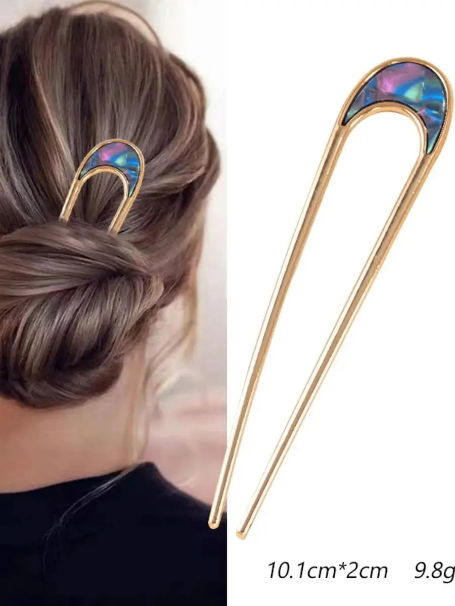 Metal U Shape Hair Stick For Women Silver Gold Color Elegant Shell Enamel Hairpin