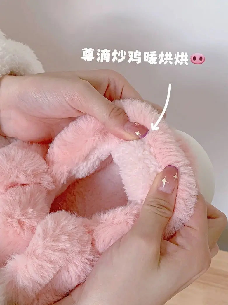 Feerldi Pink fluffy pig slippers women slip on animal slides indoor house furry cotton shoes warm 2024 new girls piggy shoes